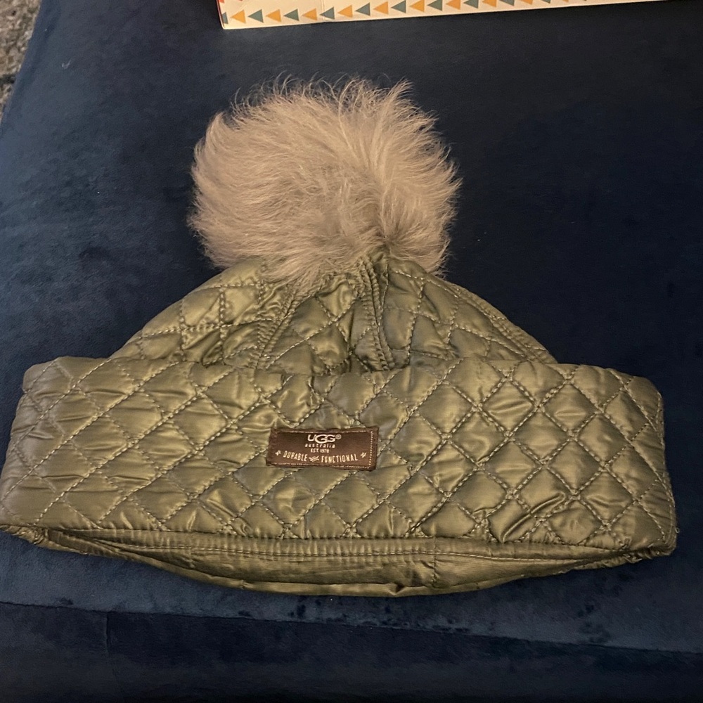 UGG Olive Quilted Beanie with Faux Fur Pom